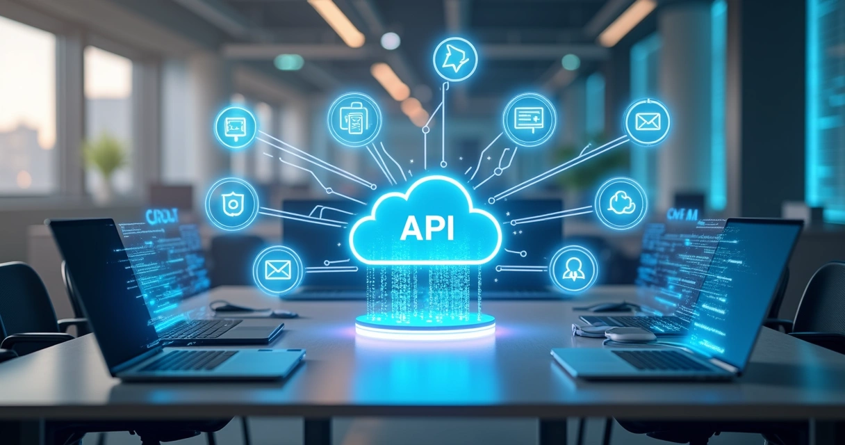 Diagrama visual de sistemas conectados por uma API em múltiplos canais 