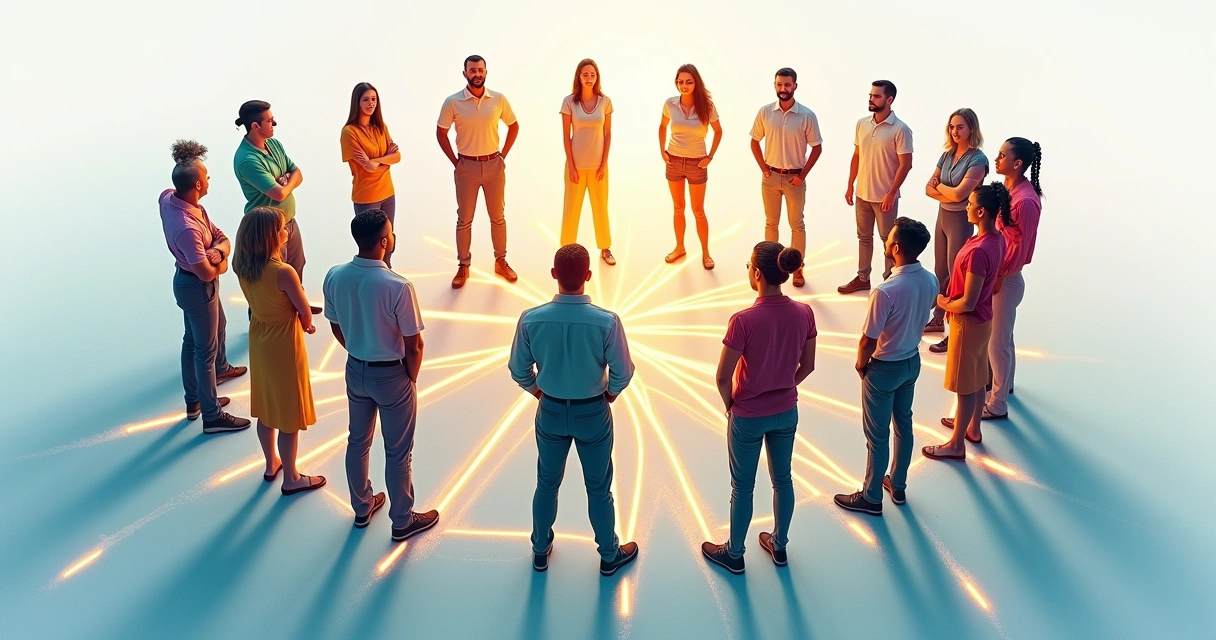 Ilustração mostrando pessoas conectadas por linhas formando um sistema