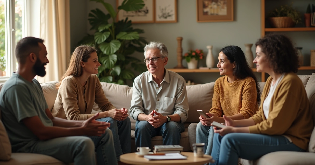 Grupo de pessoas conversando em roda com clima de conexão genuína 