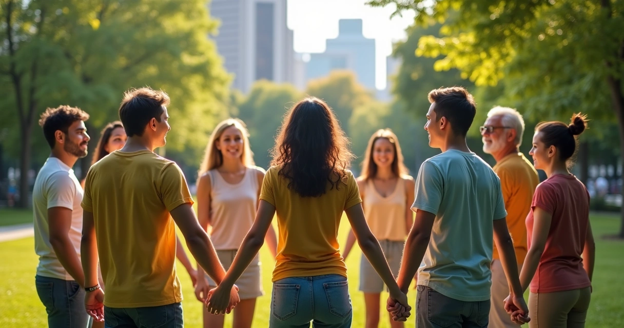 Pessoas de diferentes idades e culturas reunidas em círculo em um parque, de mãos dadas 