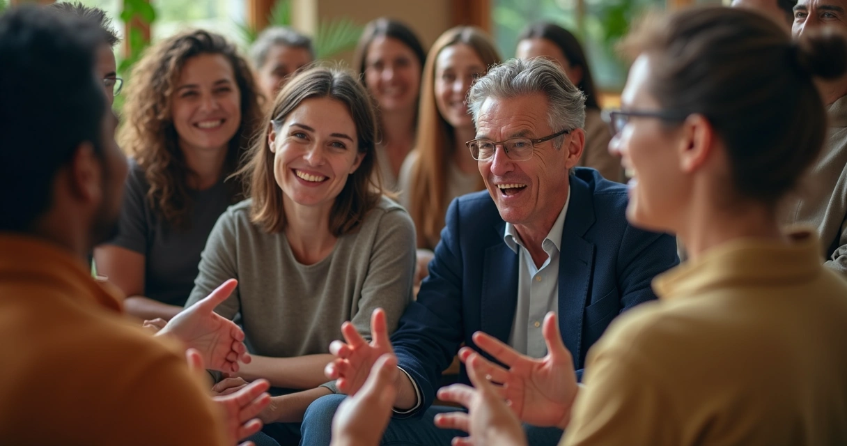 Grupo diverso de pessoas conversando em círculo, ilustrando conexão social por meio da linguagem.