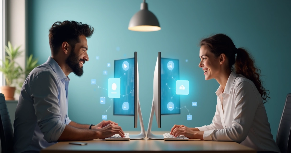 Duas pessoas em computadores diferentes sorrindo uma para a outra através de telas 