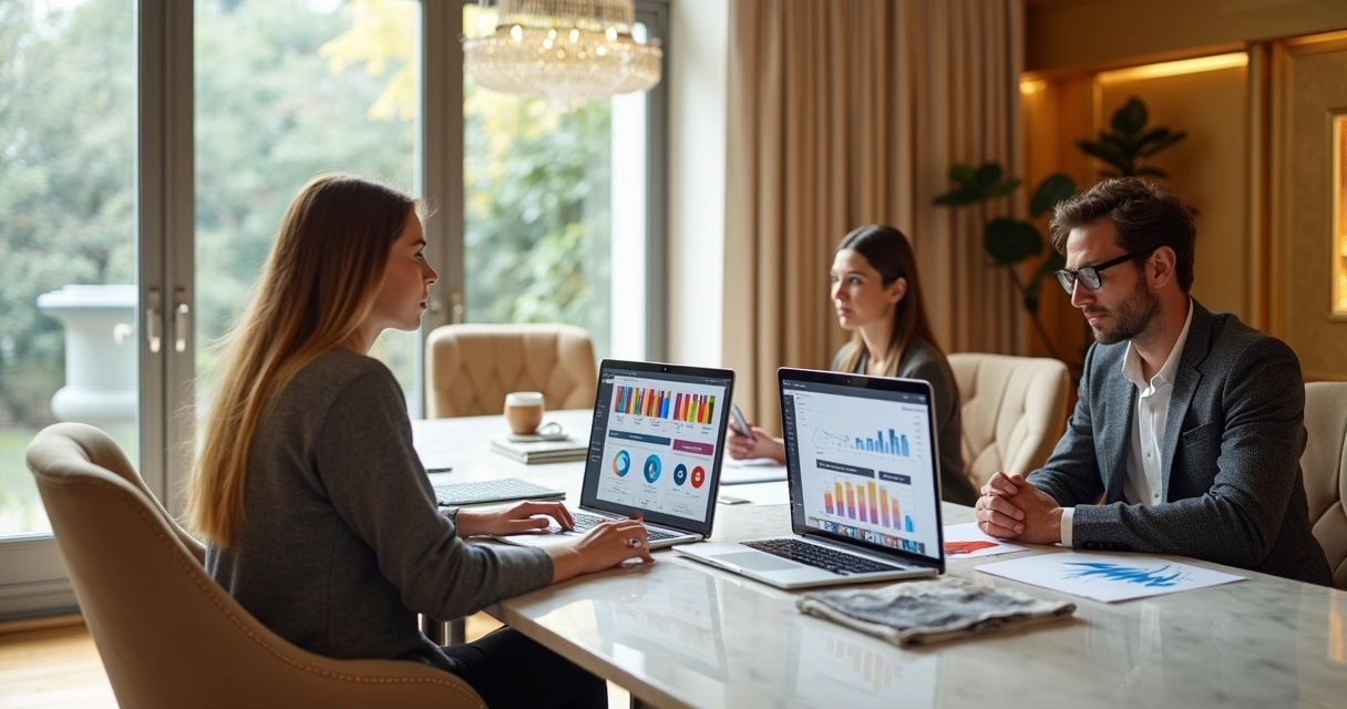 Profissionais de moda e especialistas em tecnologia trabalhando juntos em ambiente de escritório elegante, com notebooks abertos mostrando gráficos de vendas 