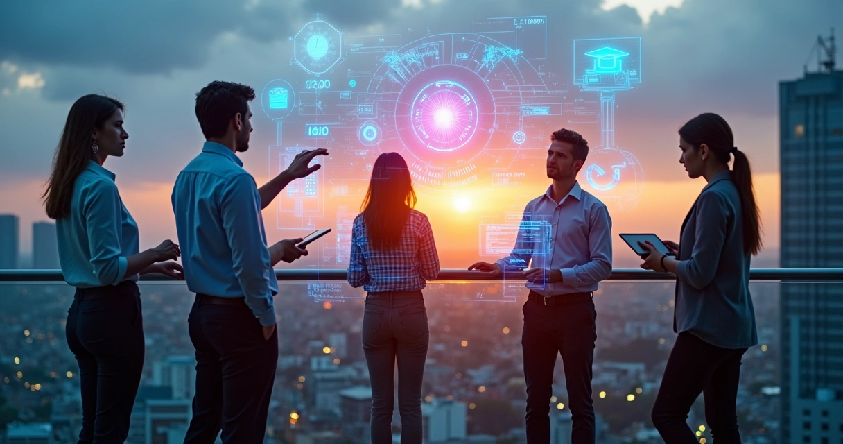 Grupo diverso de profissionais conectados por interfaces tecnológicas em uma cidade futurista 