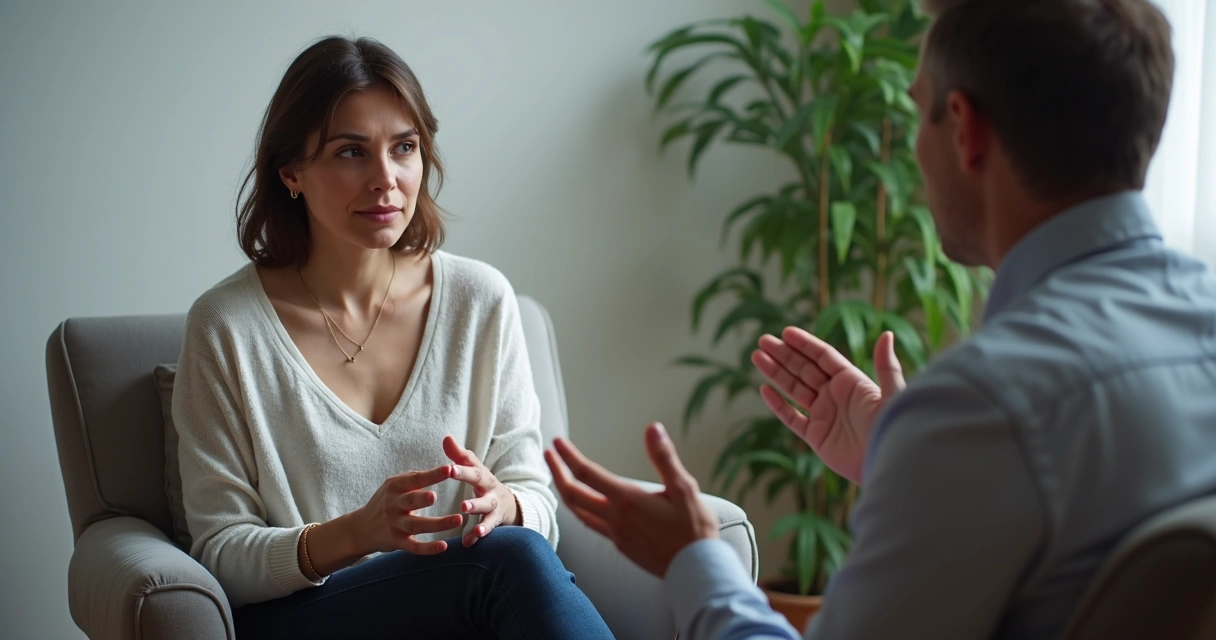 Terapeuta e paciente sentados frente a frente, ambos em posição de escuta atenta 