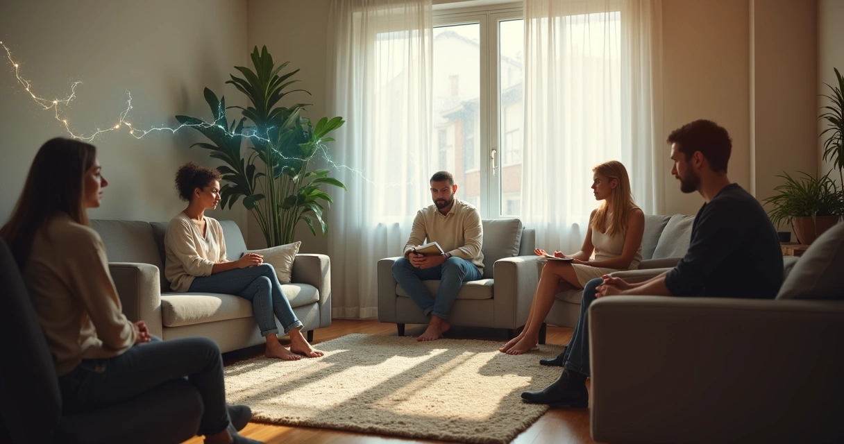 Grupo diverso conectado por linhas sutis simbolizando traumas coletivos influenciando relações 