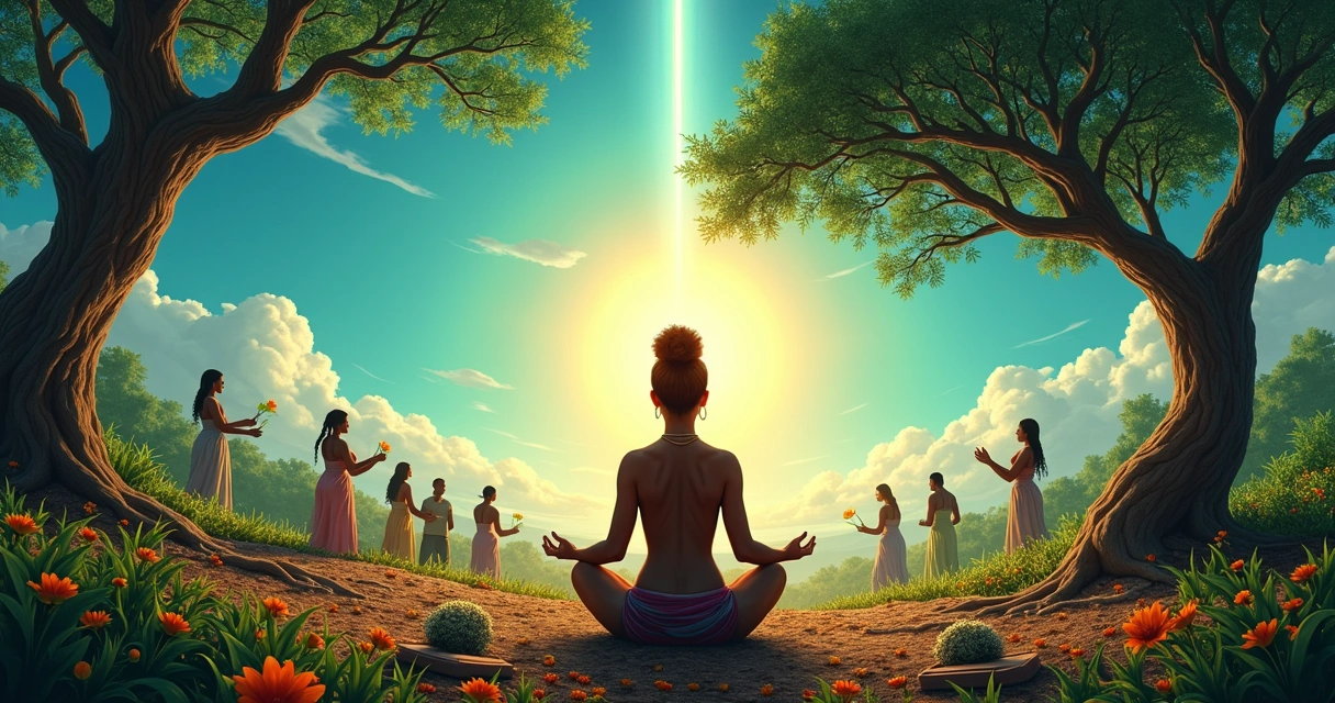 Mulher meditando em um ambiente natural com pessoas realizando cerimônia de Umbanda ao fundo.
