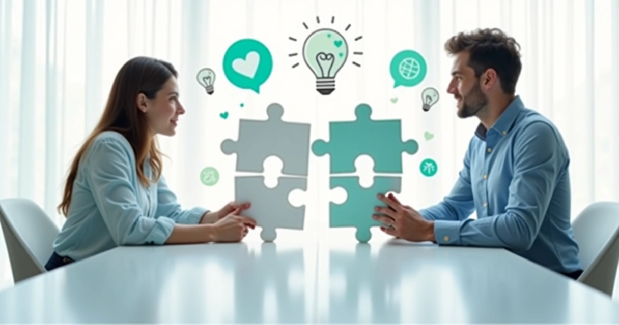 Duas pessoas conectando peças de quebra-cabeça em um fundo branco 