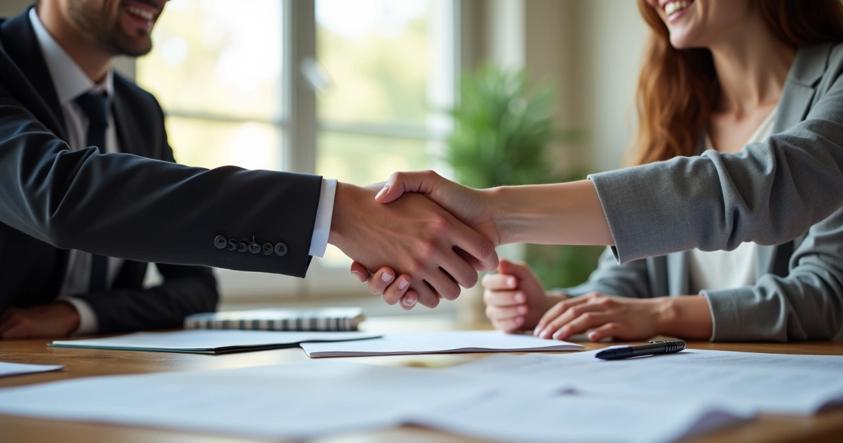 Duas pessoas apertando as mãos sobre uma mesa com papéis e canetas. 