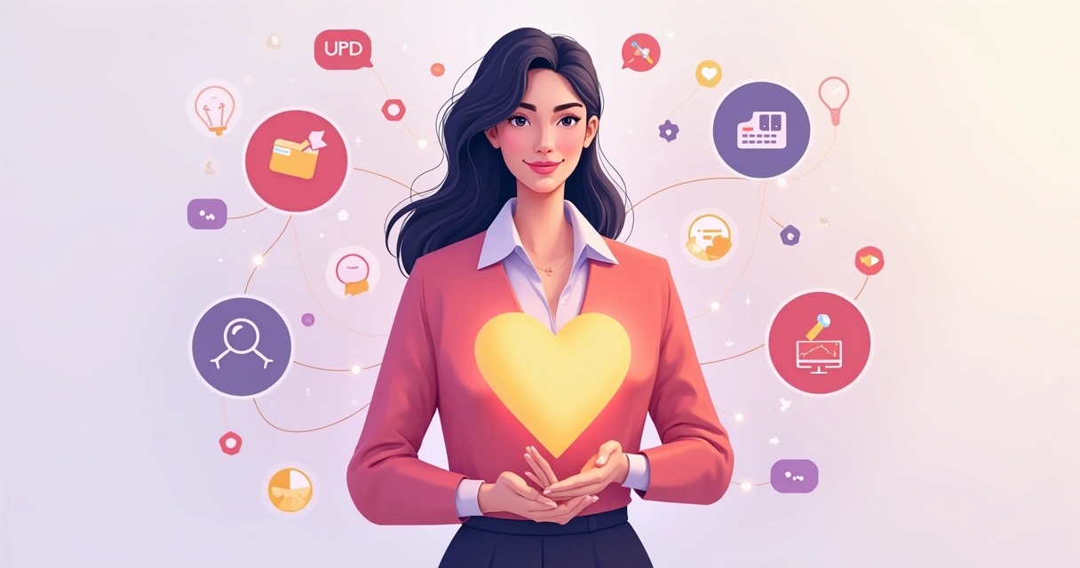 Mulher segurando um coração luminoso com elementos gráficos de design ao redor representando conexão visual e emocional 