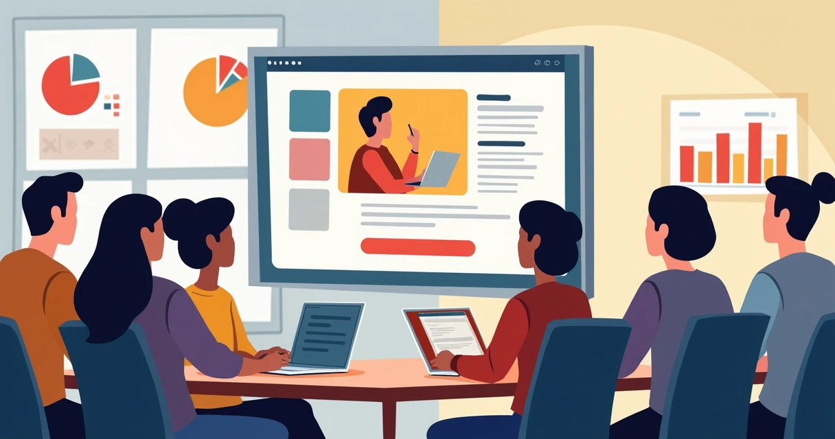 Equipe diversa reunida ao redor de uma tela mostrando landing page 