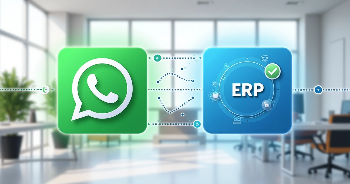 Ilustração de dois sistemas conectados, um representando o WhatsApp e outro um ERP, com fluxo de informações entre eles