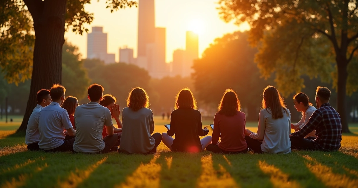 Grupo de personas sentados en círculo en un parque, conversando y sonriendo durante el atardecer 