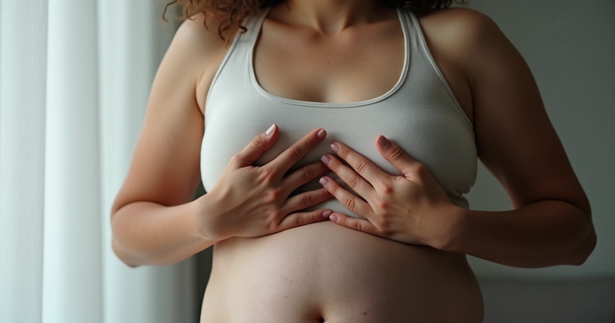 Persona tocando su pecho y abdomen con las manos, con los ojos cerrados 