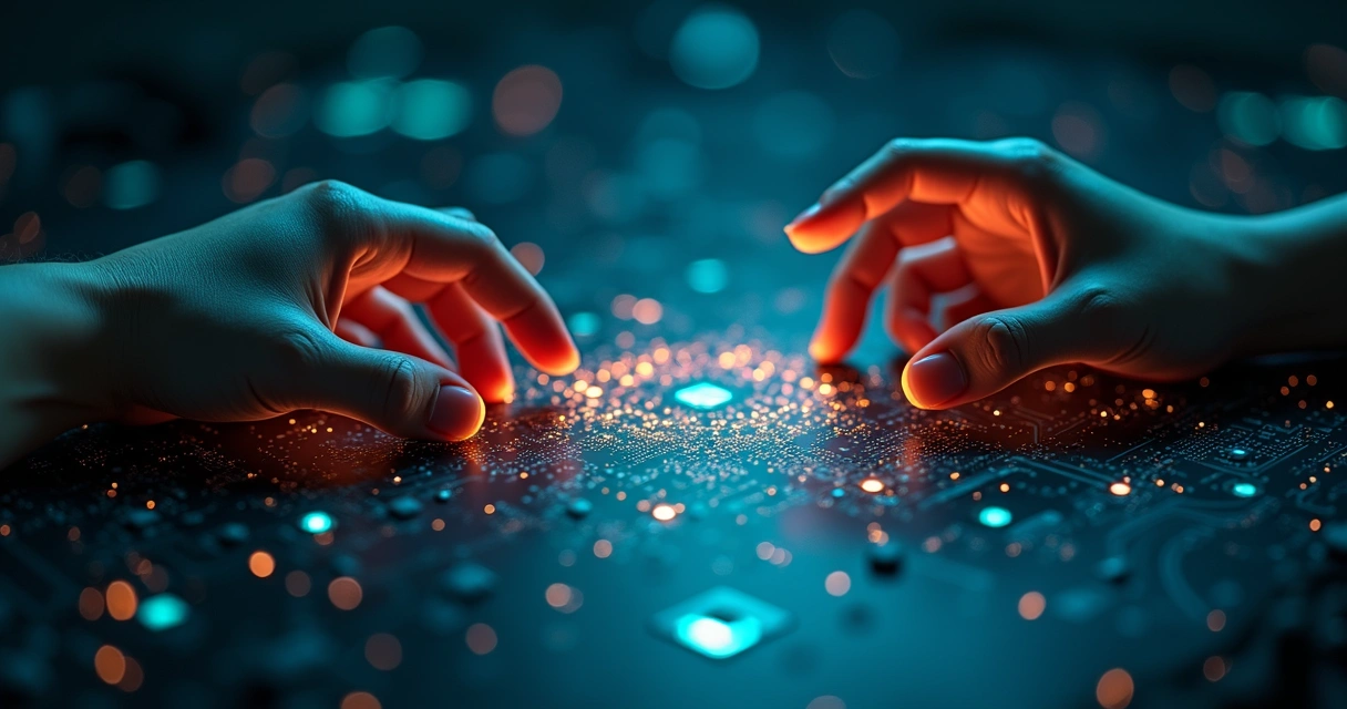 Manos humanas conectándose con circuitos y luces digitales en un fondo oscuro.