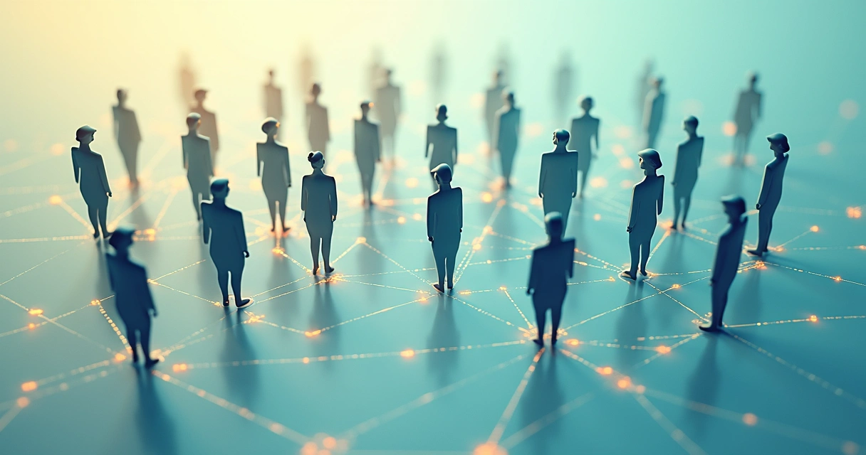 Ilustración de una red de conexiones entre personas mostrando líneas de apoyo y colaboración 