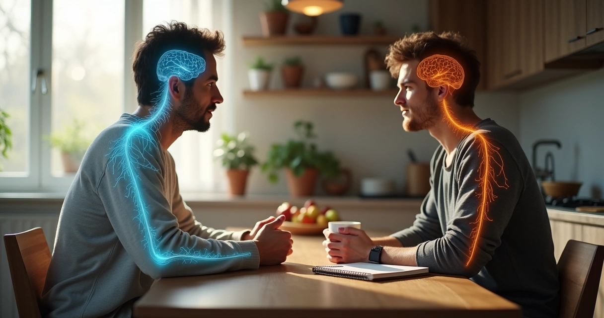 Dos personas conversan en una cocina mientras un esquema transparente del sistema nervioso conecta sus cuerpos 