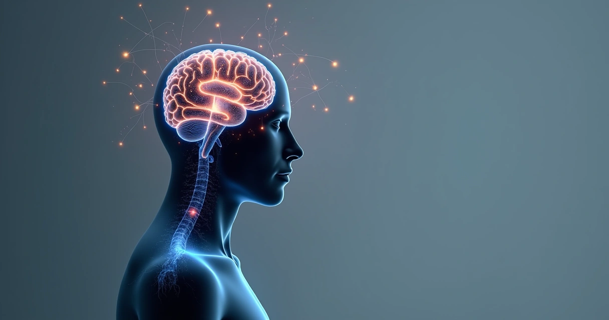 Conexión abstracta entre cerebro y cuerpo humano con líneas luminosas 