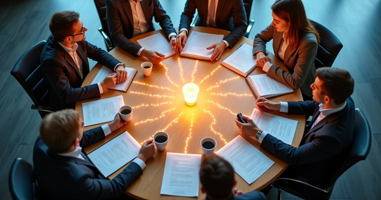 Equipo en mesa redonda con líneas brillantes conectando a cada persona 