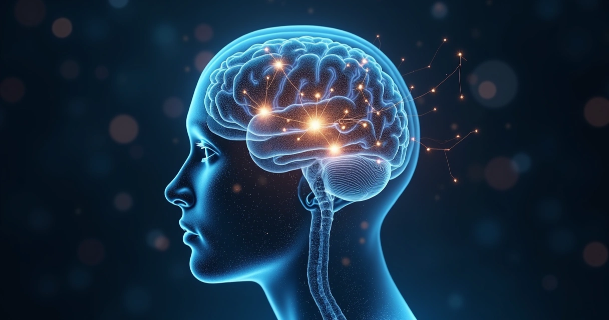Ilustração realista de cérebro com conexões luminosas e rosto em perfil 