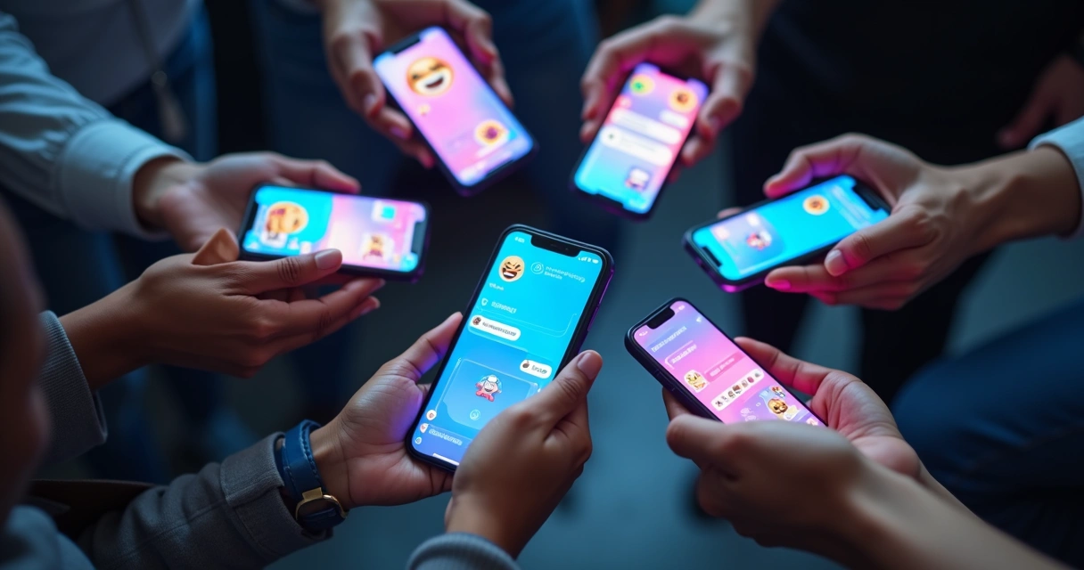 Mãos segurando smartphones conectados em círculo 