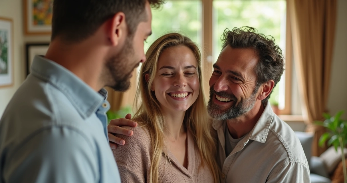 Grupo de amigos ou família sorrindo juntos, transmitindo conexão emocional.