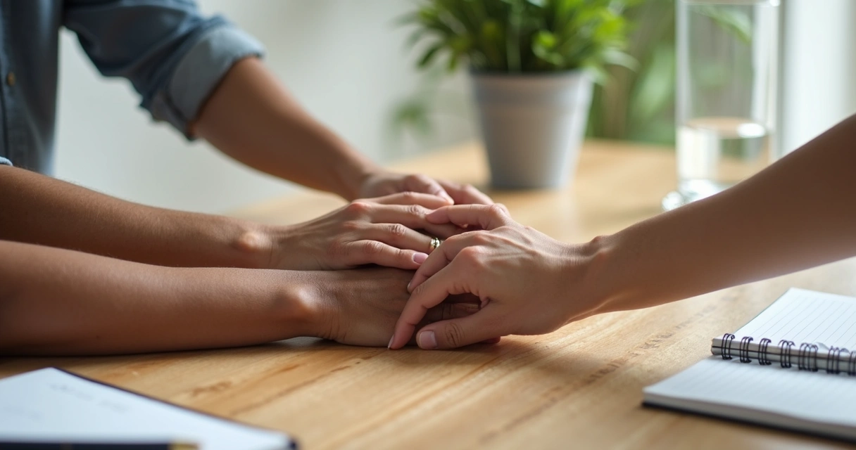 Mãos conectadas sobre uma mesa em reunião de grupo