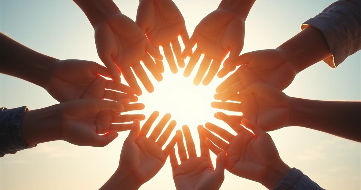 Pessoas de várias idades dando as mãos em círculo visto de cima