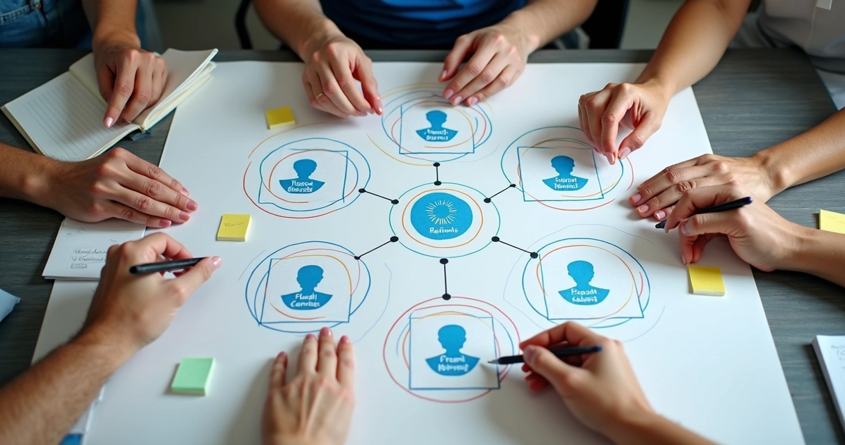 Quadro com conexões entre membros da equipe e seus papéis