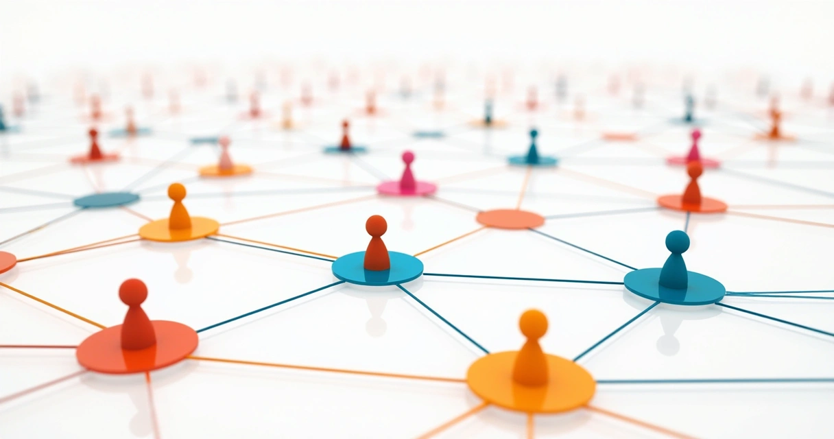 Rede colorida conectando diferentes pessoas em círculos