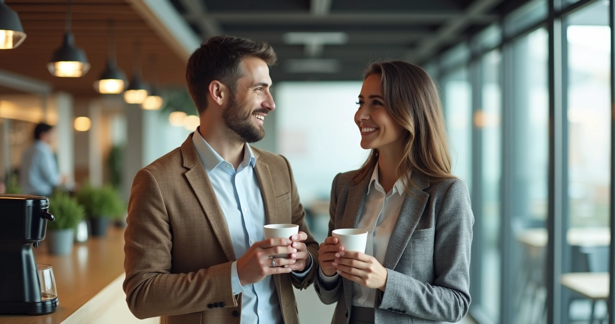 Dois colegas de trabalho conversando em um ambiente corporativo, ambos sorrindo durante um café 