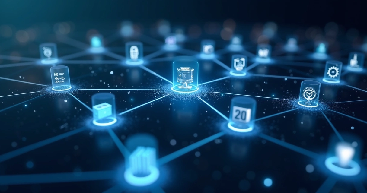 Símbolos de softwares de vendas conectados com linhas digitais 