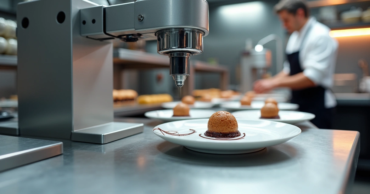 Impressora 3D criando decoração de chocolate em confeitaria profissional moderna 