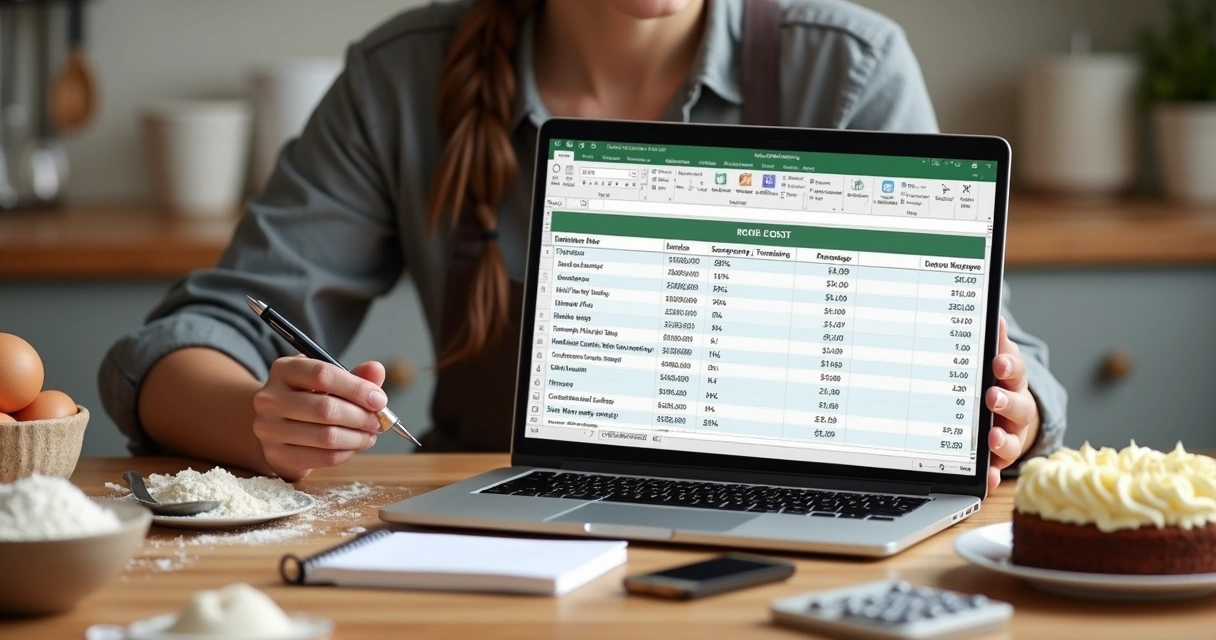 Confeiteira calculando custos de receita para precificar bolo caseiro com planilha e ingredientes na mesa 