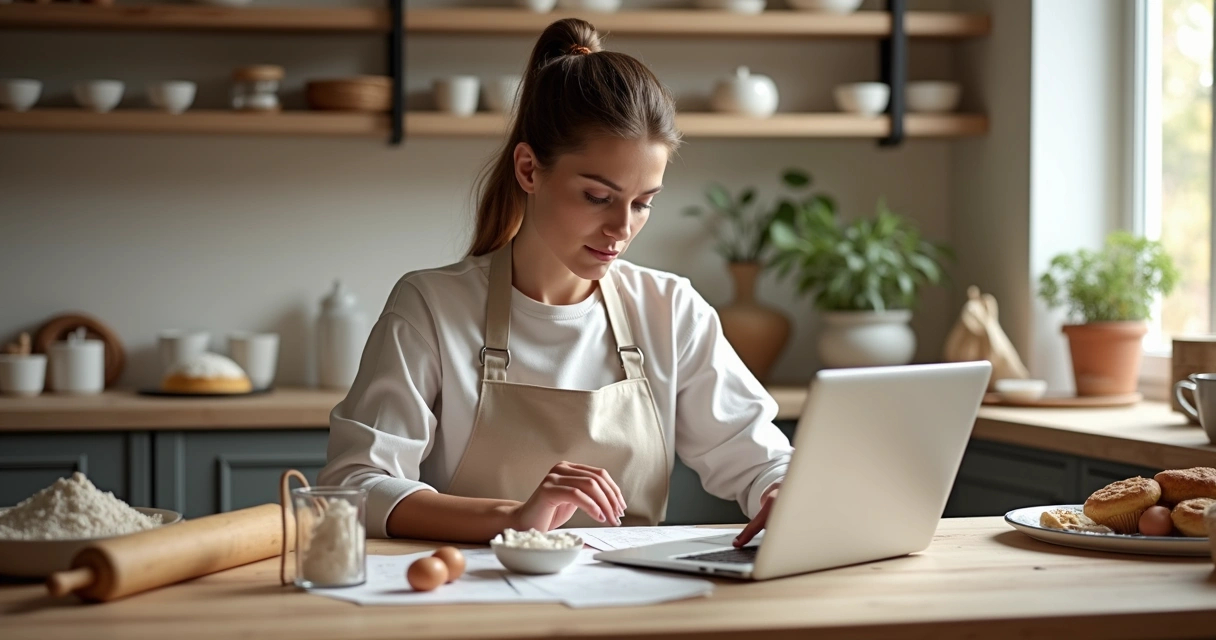 Mulher confeiteira calculando custos fixos no computador com planilha de receitas aberta 