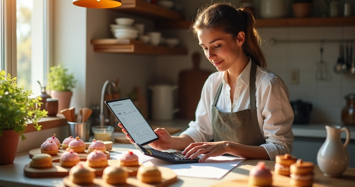 Confeiteira usando calculadora e planilha para definir preço de doces artesanais numa bancada com bolos e doces 