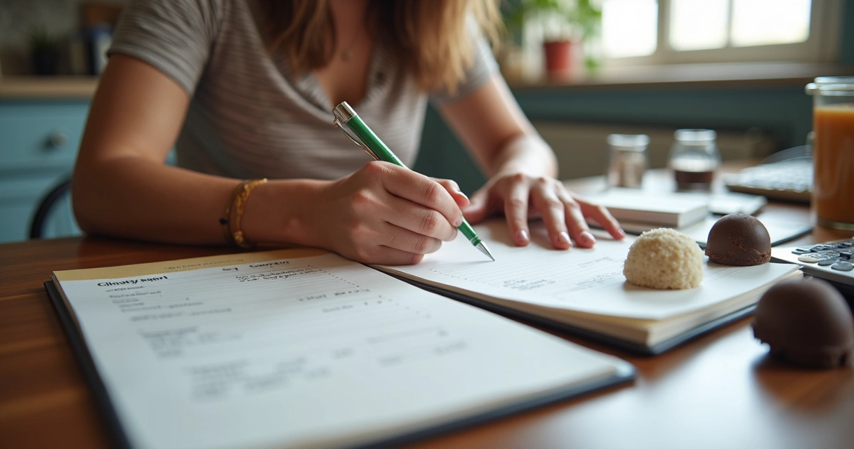 Confeiteira calculando custos com recibo em mãos 