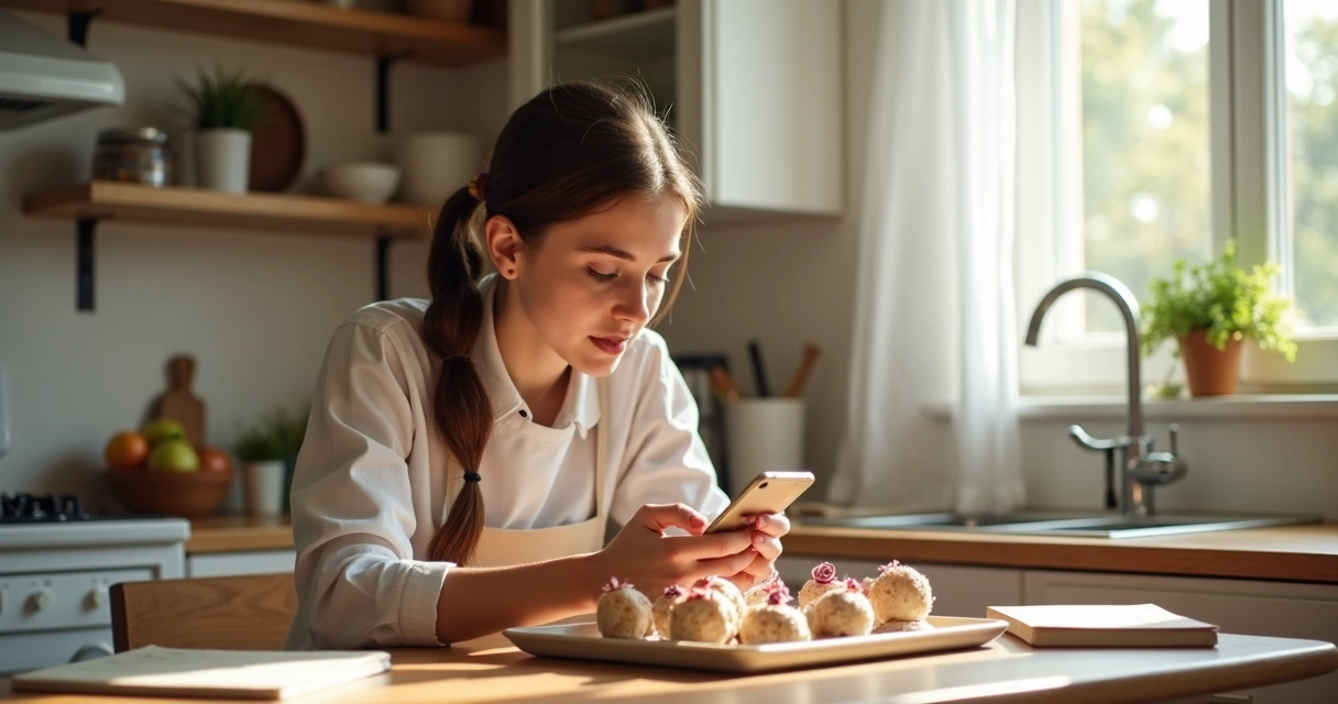 Confeiteira usando aplicativo para calcular preço de doces 
