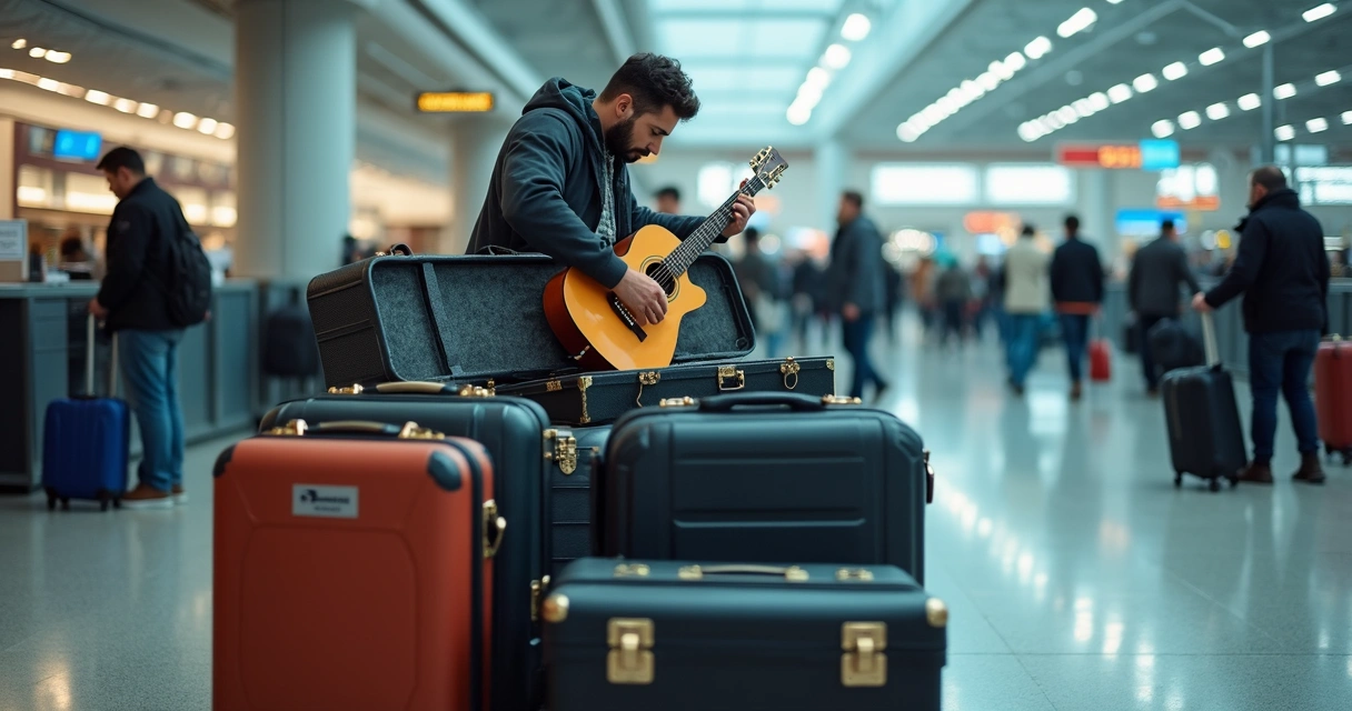 Pessoa conferindo instrumentos musicais em malas após viagem, próximo à esteira de bagagens 