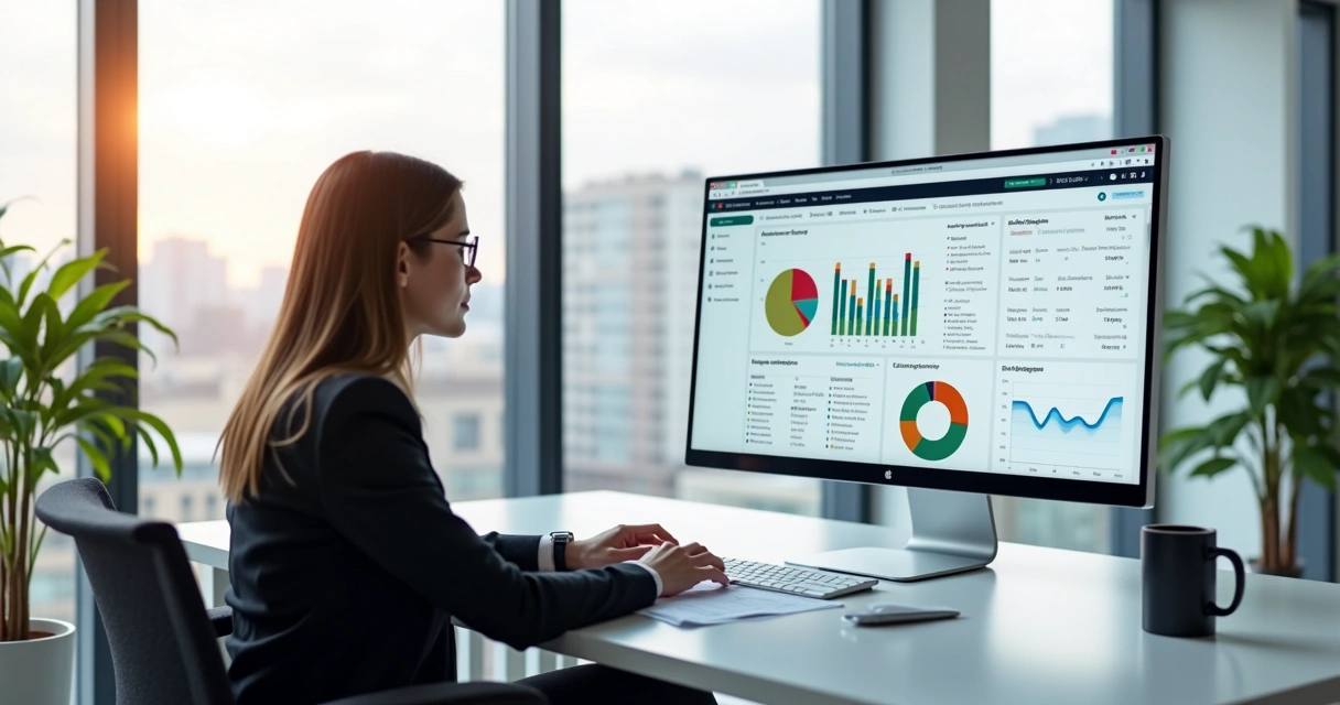Profissional conferindo relatórios financeiros automatizados na tela do computador 
