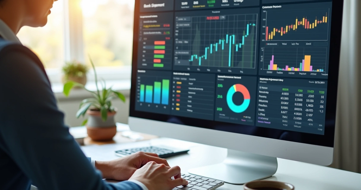 Pessoa conferindo dados financeiros no computador com gráficos e extratos bancários na tela 