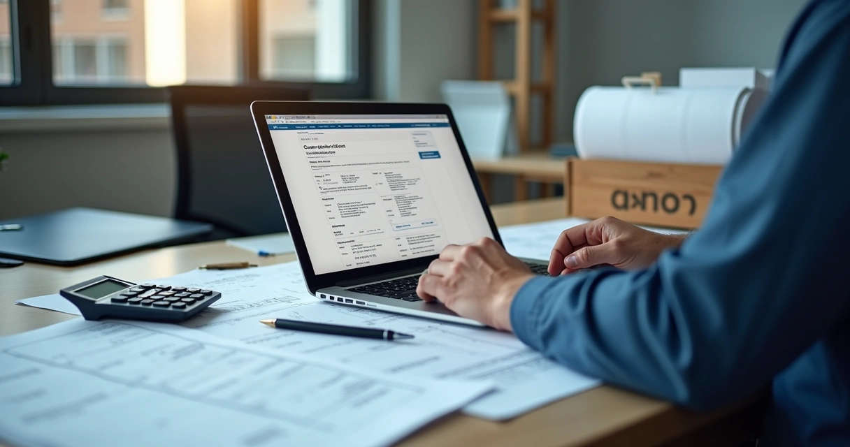 Profissional conferindo cadastro de obra em notebook com plantas e documentos 