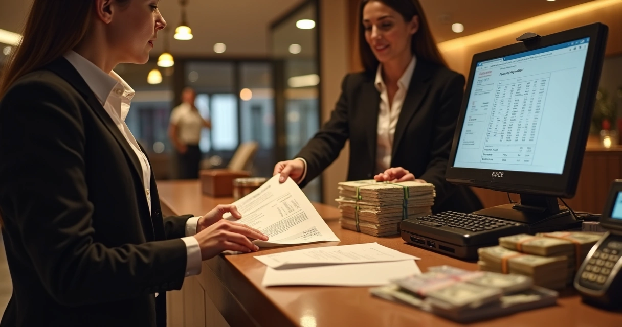 Conferência manual e digital de caixa de recepção de hotel com documentos e computador 