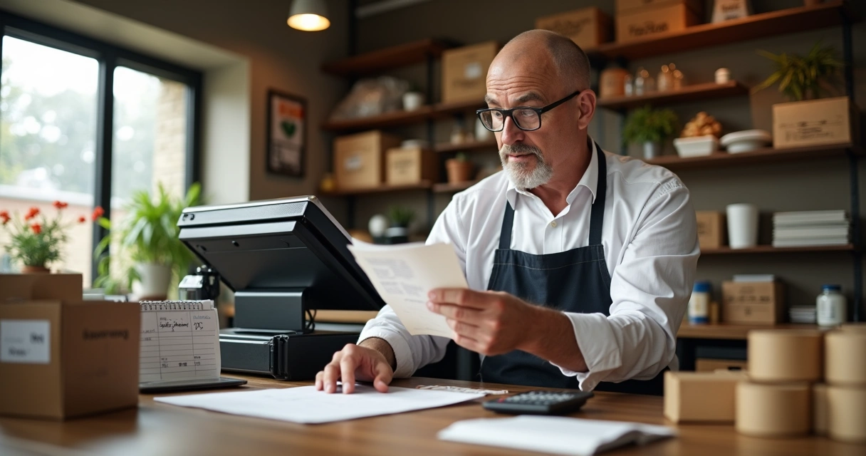 Gestor de restaurante conferindo contas em frente ao caixa registradora