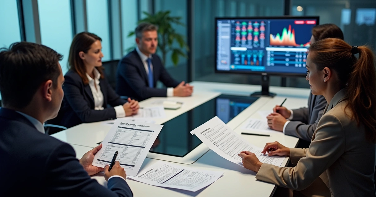 Equipe conferindo relatórios fiscais de apostas online em escritório. 