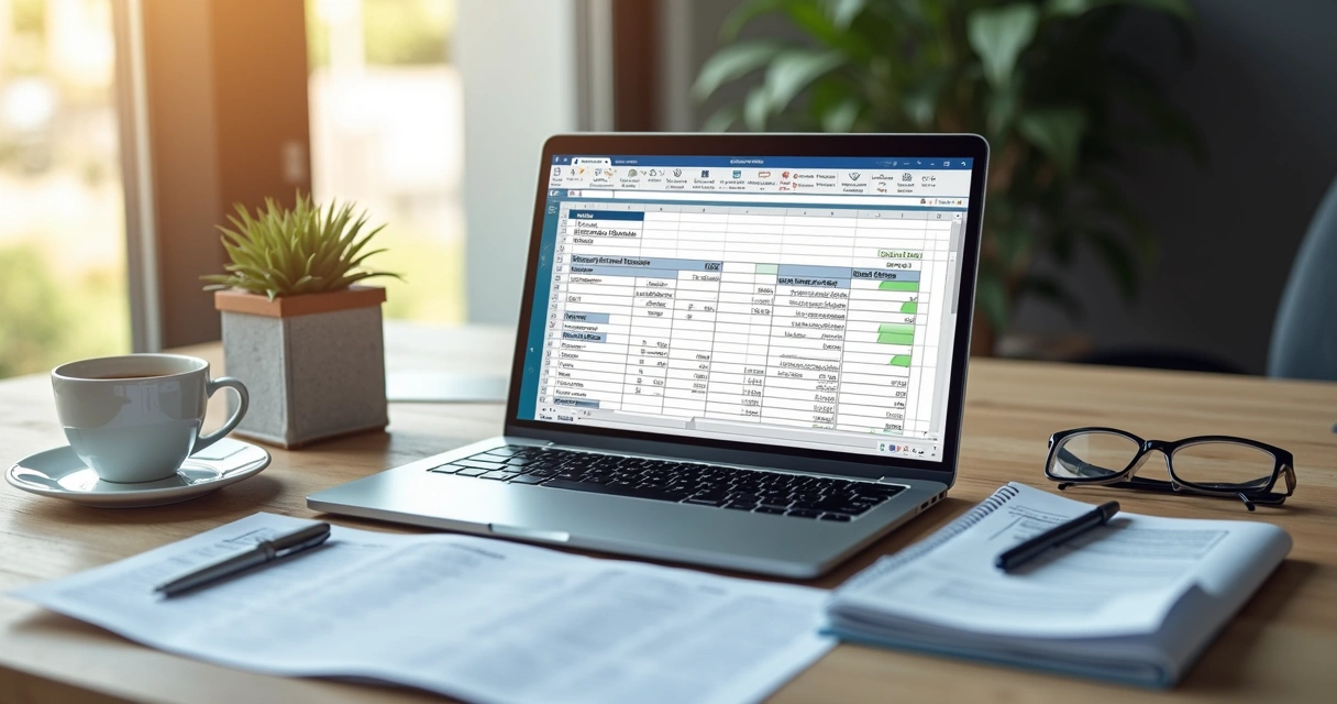 Mesa de trabalho com laptop aberto em planilha financeira, extratos bancários e smartphone mostrando app de conciliação bancária 