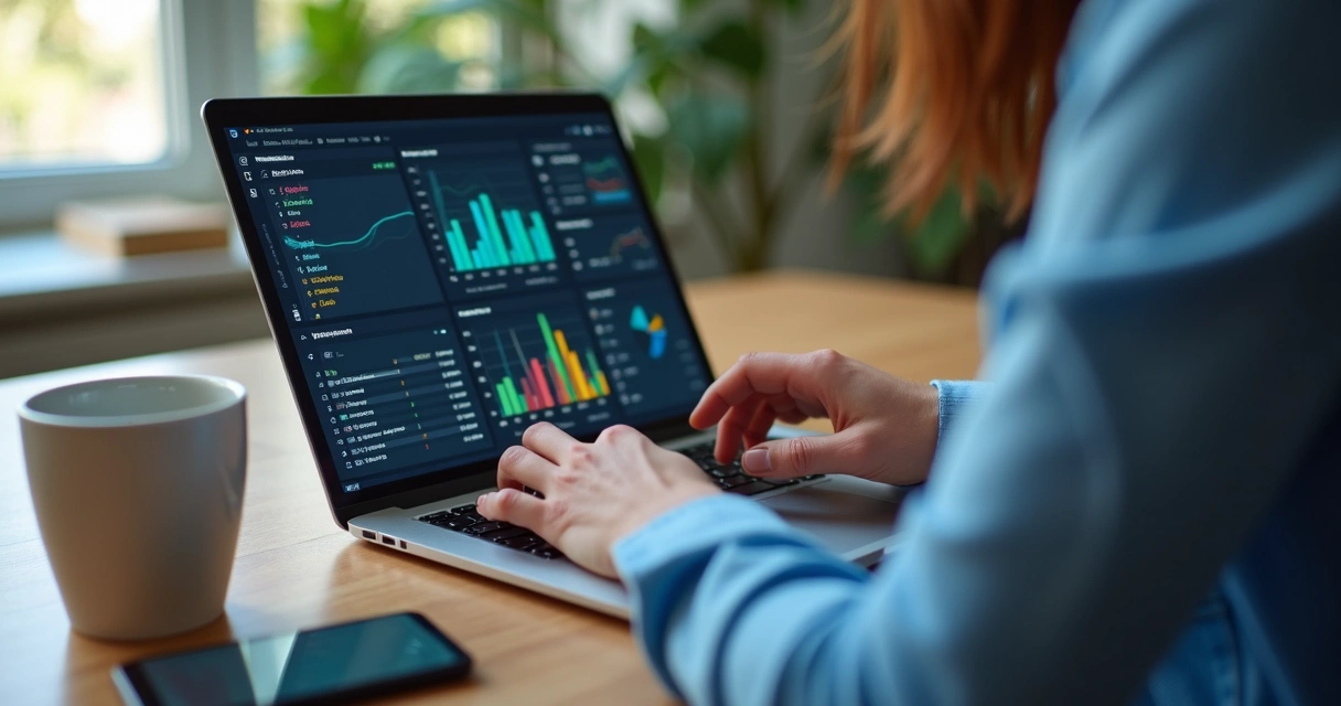 Pessoa analisando dados de transações no notebook