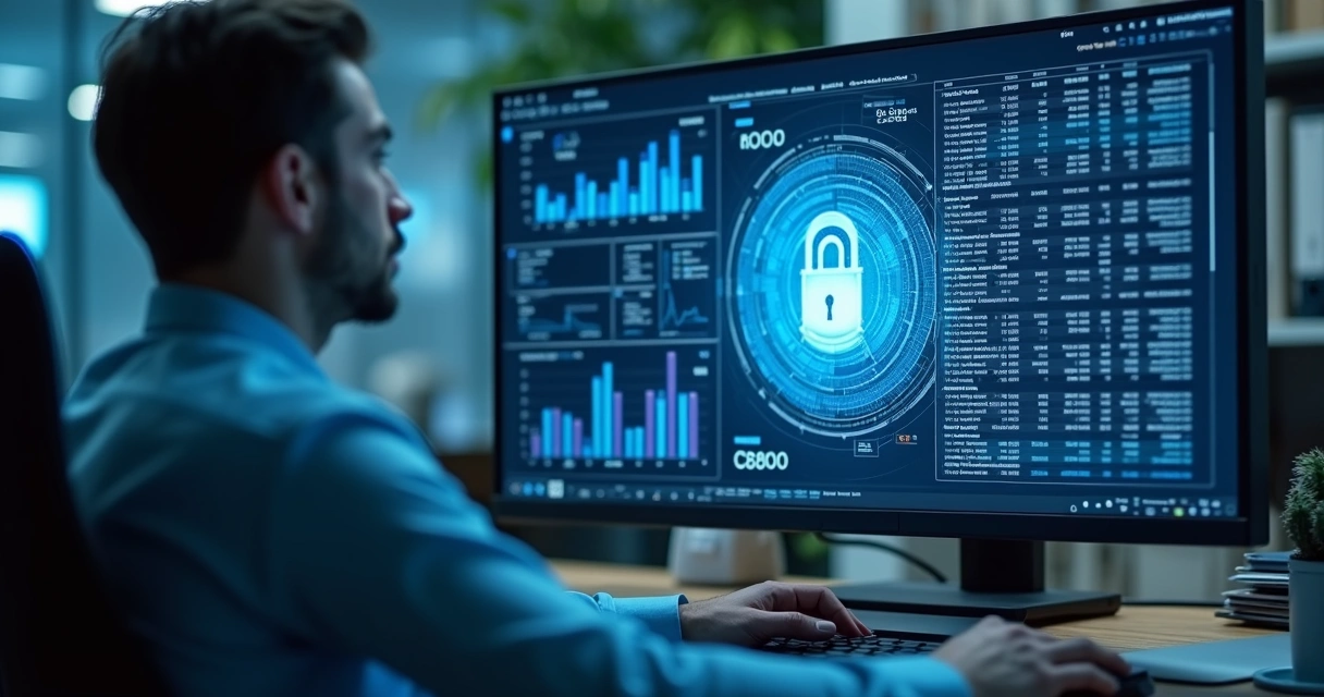 Profissional verificando dados contábeis em computador com cadeado digital na tela 