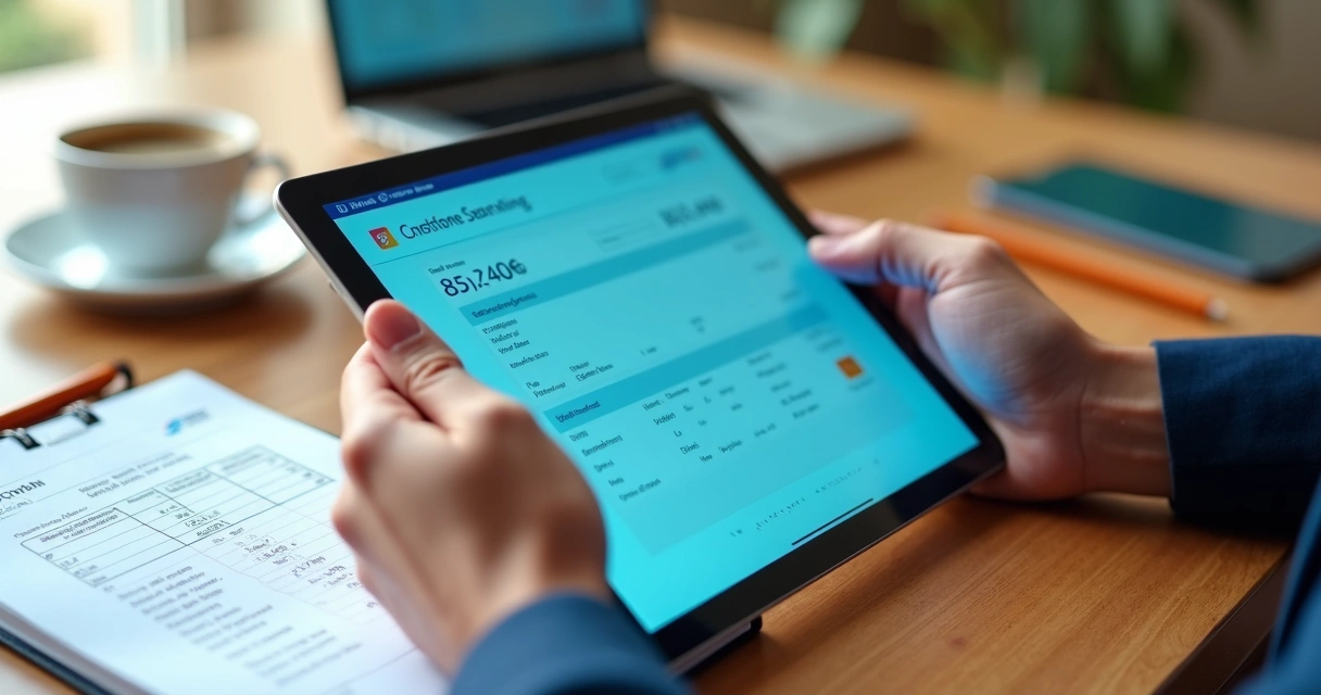 Mãos segurando um tablet mostrando aplicativo de banco digital com extrato bancário detalhado em tela azul clara 