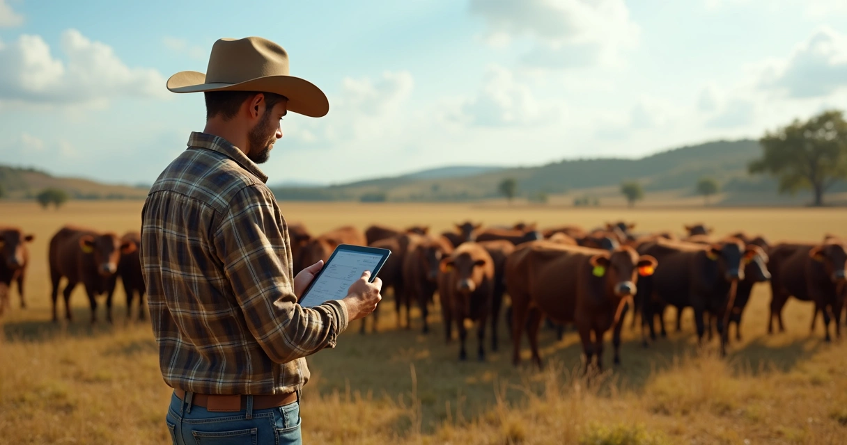 Pecuarista anotando informações do gado em um tablet no campo 